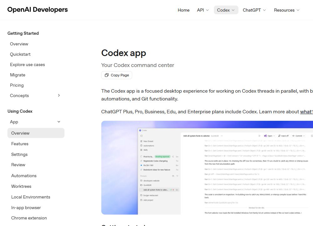 OpenAI Codex App 官方页面截图