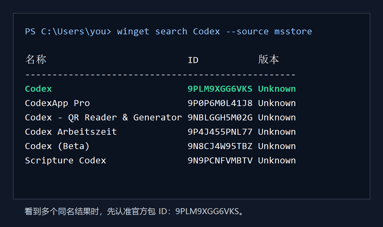 winget 搜索 Codex 的结果图