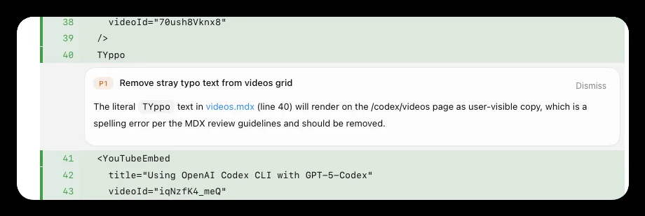 Codex App 审查改动行内评论截图