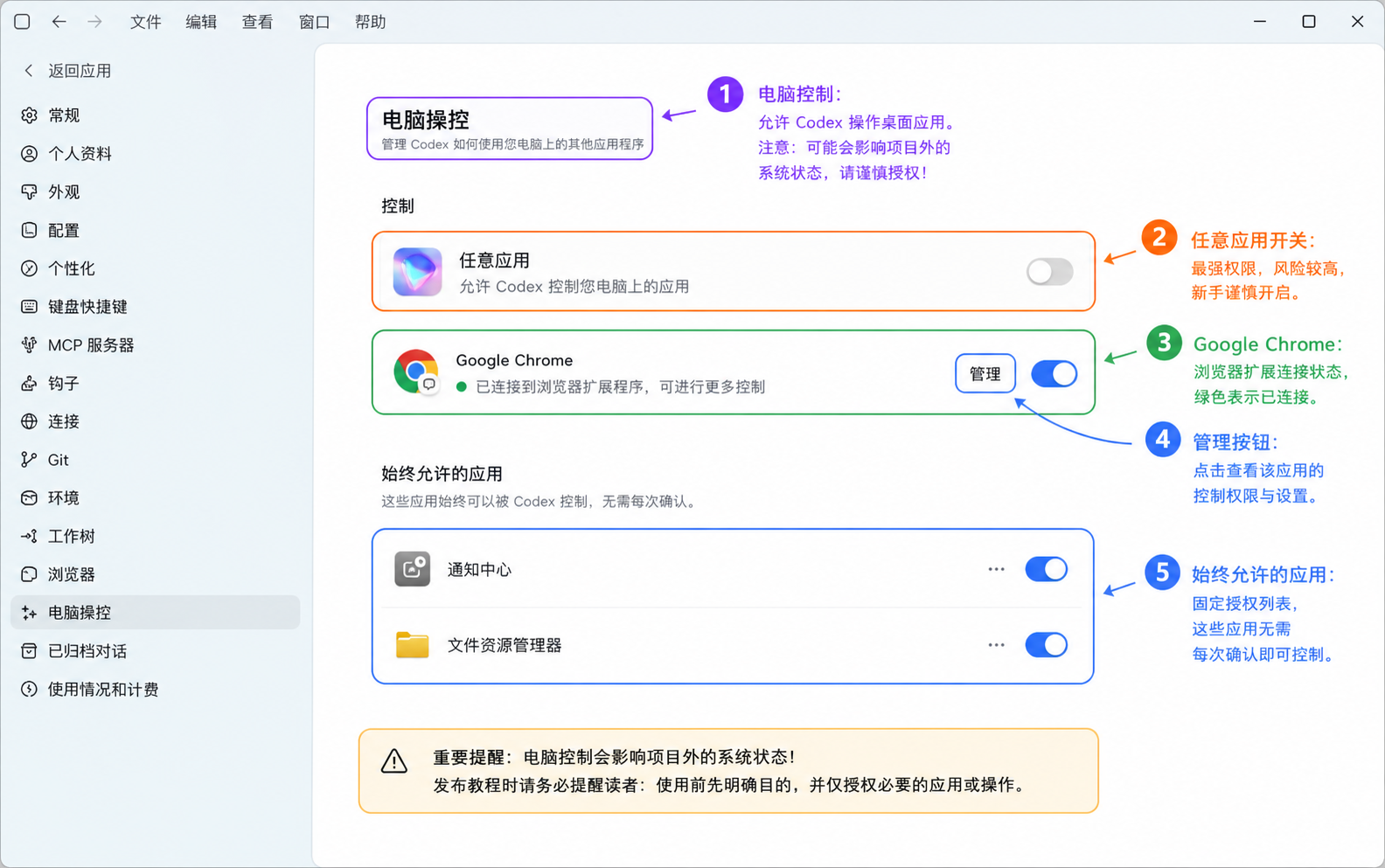 Codex App 电脑控制设置标注图