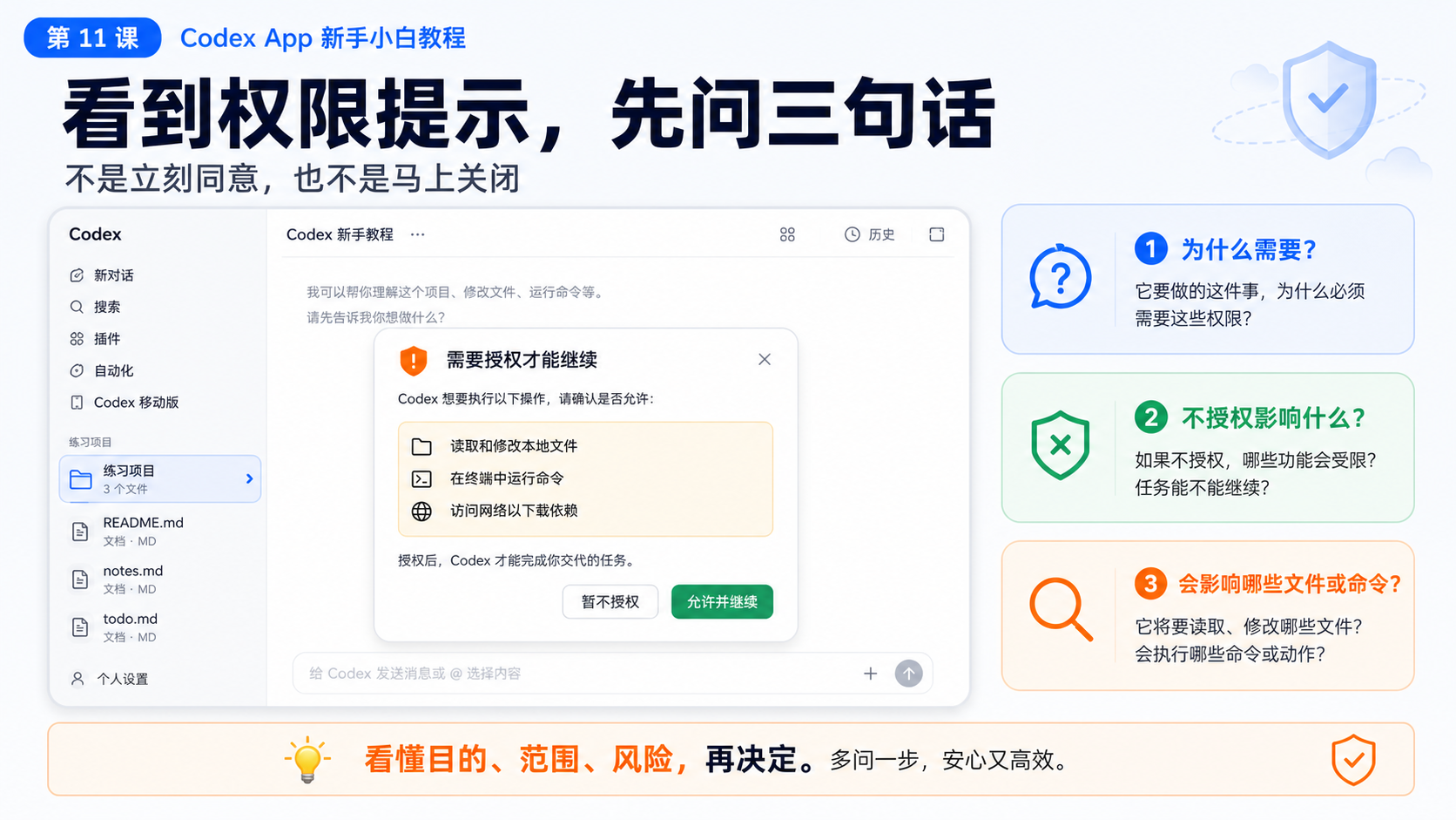 看到权限提示，先问三句话